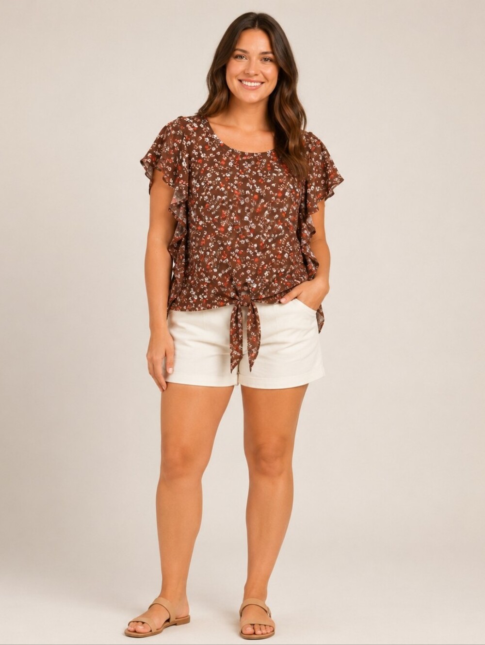 Morning Kisses Floral Flutter Sleeve Tie Front Blouse Brown Large NWT A59